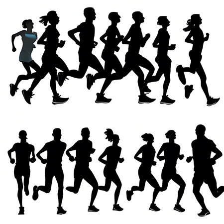 Set of silhouettes of running people on white background. Vector illustration.の素材