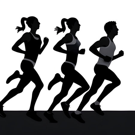 Group of running people silhouettes on a white background. Vector illustrationの素材