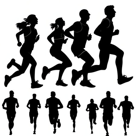 Vector silhouettes of people running on white background. Runners.の素材
