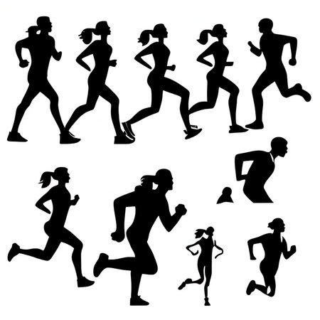 Set of running people silhouettes on white background. Vector illustration.の素材