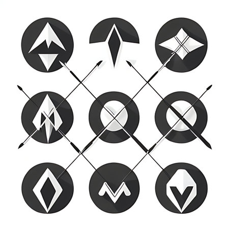 Archery icons set. Arrows, target and arrow. Vector illustrationの素材