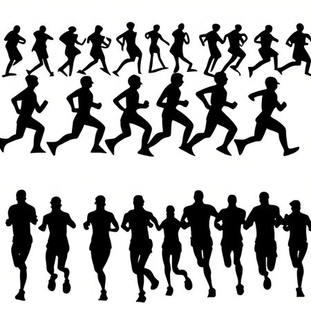 Set of running people silhouettes. Vector illustration isolated on white background.の素材