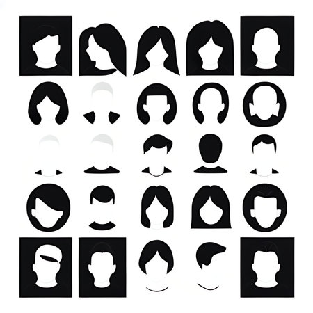 set of black silhouettes of women with different hair styles on a white backgroundの素材