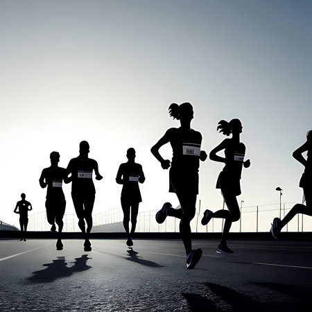 Marathon running race, people silhouettes on city road. 3D illustrationの素材