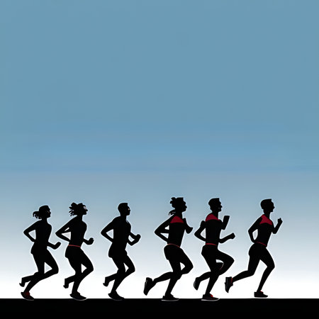 Group of running people silhouettes on blue background. Vector illustration.の素材