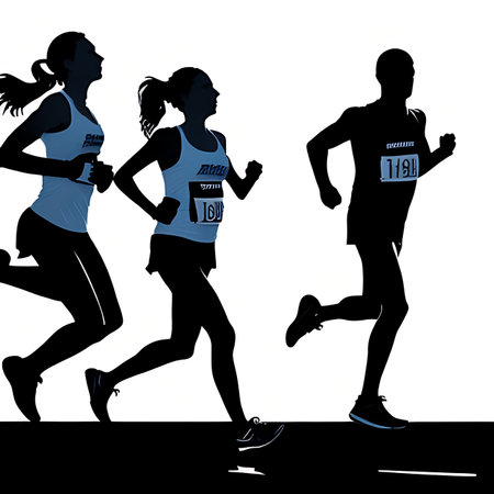 Group of running people silhouettes on sprint race. Vector illustration.の素材