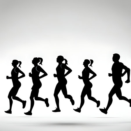 Vector illustration of group of running people silhouettes on gray background.の素材