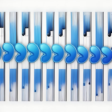 Blue piano keys and blue music notes on white background. 3d illustrationの素材