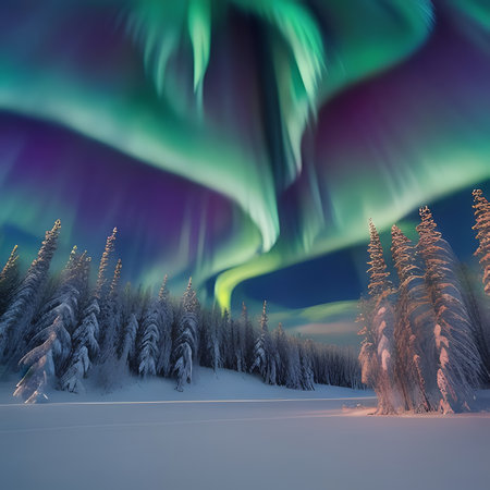 Fantastic winter landscape with aurora borealis in the skyの素材