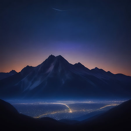 Mountain landscape with lake at night. 3d rendering. Computer digital drawing.の素材