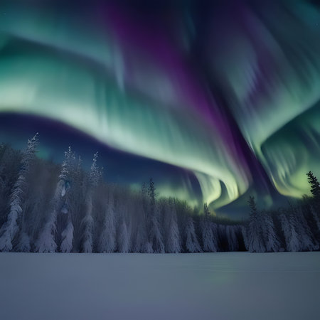 Aurora borealis, northern lights in the winter forest.の素材