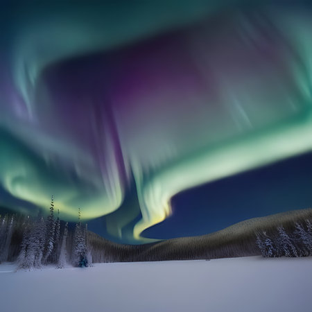 Northern lights in the winter forest. 3D rendering. Computer digital drawing.の素材