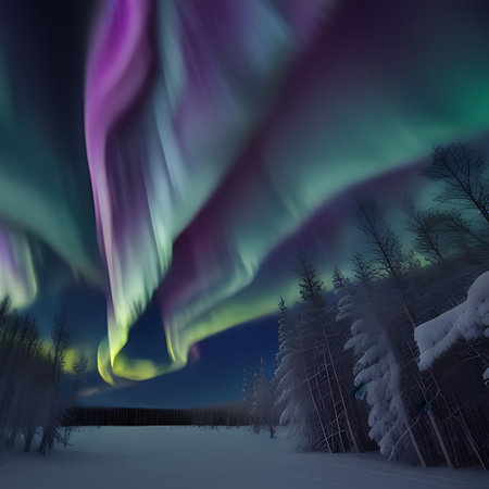 Northern lights aurora borealis over winter forest. 3D renderingの素材