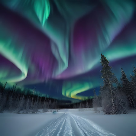 Northern lights aurora borealis over a road in winter forest.の素材