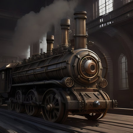 Steam locomotive in the old factory. 3d render image.の素材