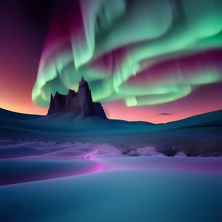 Aurora borealis in the desert landscape. 3D renderingの素材