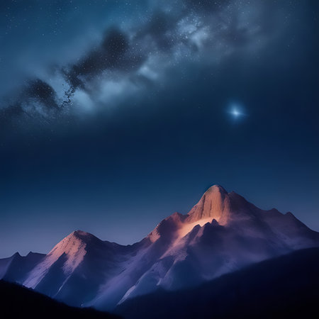 Fantastic night landscape with snow-capped mountains and starry skyの素材