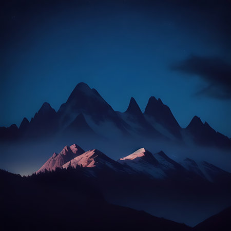Mountains in the clouds at night, 3d rendering. Computer digital drawingの素材