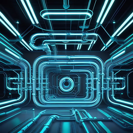 Futuristic blue neon tubes on a dark background. 3d renderingの素材