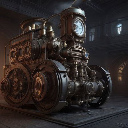 3D rendering of an old steam locomotive in a dark roomの素材