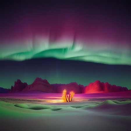 Aurora borealis in the desert. 3D illustration.の素材