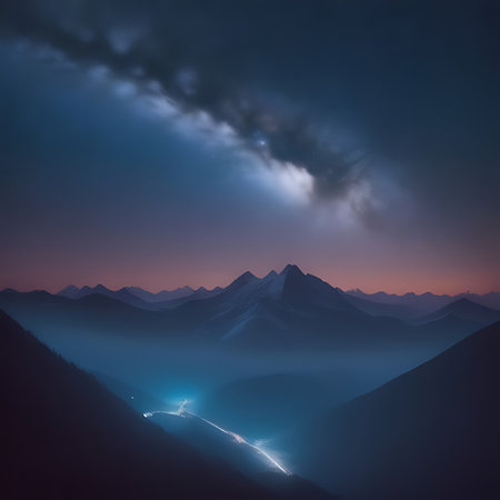 Mountain landscape at night with fog and light trails, 3d renderの素材
