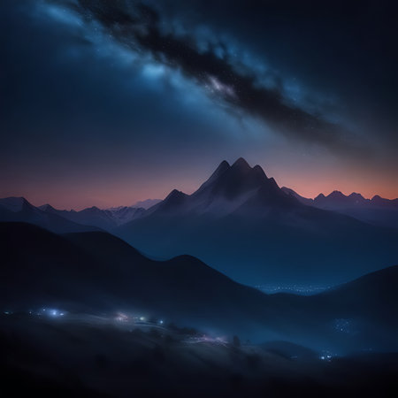 Mountain landscape at night with stars and clouds. 3D renderingの素材