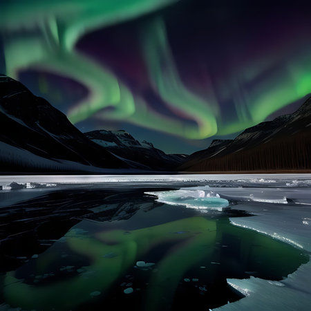 Northern lights over the lake in Iceland. Long exposure shot with polar lights.の素材