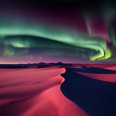 Northern lights over dunes in the desert. 3D Renderingの素材