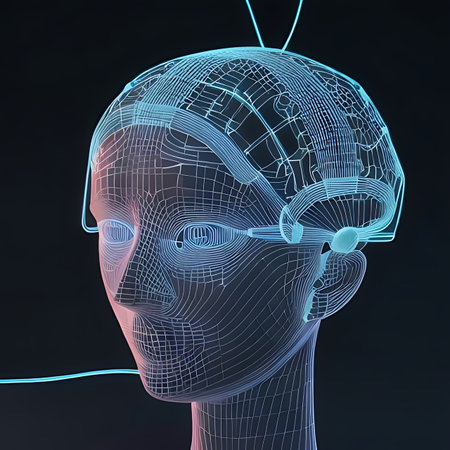 3d wireframe of a female head with a headset on a black backgroundの素材