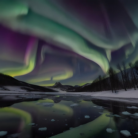 Northern lights over a frozen lake in the winter forest. 3d renderingの素材