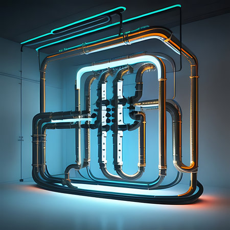 3d rendering of a neon tube in a room with a blue wallの素材