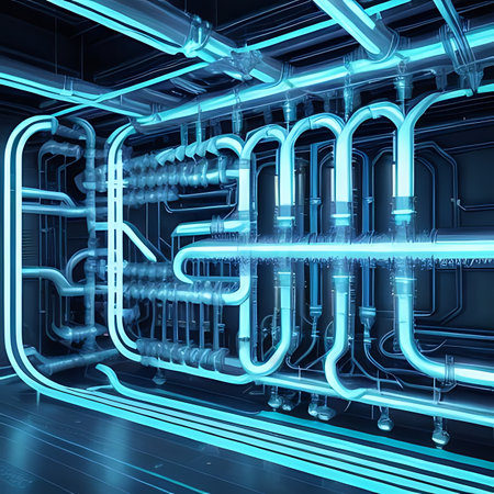 3d rendering of blue neon tubes on a dark blue background.の素材