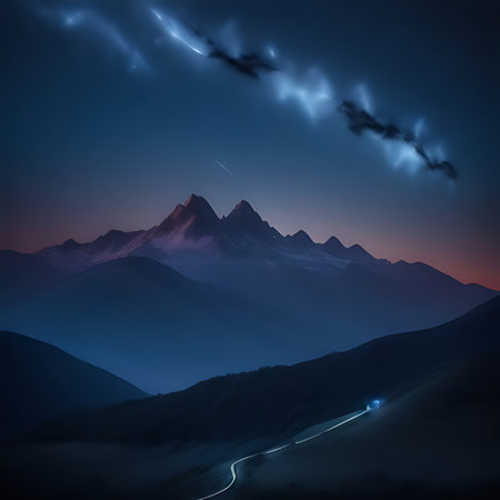 Mountain landscape at night with lights and stars. 3d renderingの素材