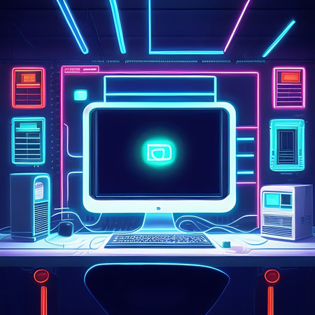 High-detailed neon computer screen. 3d rendering, 3d illustration.の素材