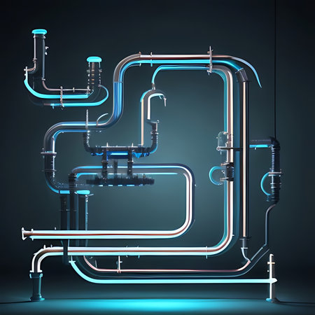Pipes and valves on blue background. 3D rendering. Neon lights.の素材