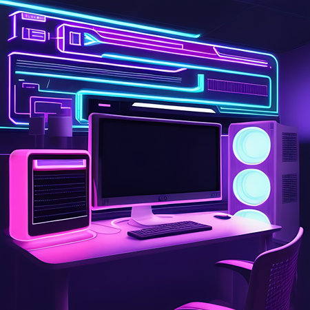 3D illustration of a modern interior with neon lights and a computerの素材