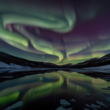 Northern lights over the fjord in Norway. Winter landscape.の素材