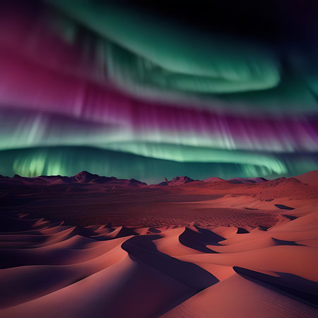 Northern lights over sand dunes in Sahara desert. 3d renderingの素材