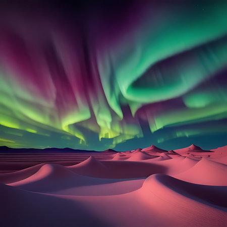 Aurora borealis in the desert. 3D illustration.の素材