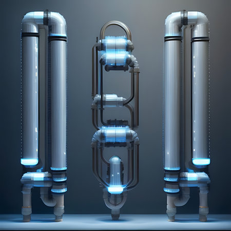 3d rendering of a group of blue water pipes on a dark backgroundの素材