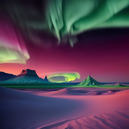 Aurora borealis in the desert. 3D illustration.の素材