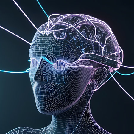 3d wireframe of human head with glowing lines. Artificial intelligence conceptの素材