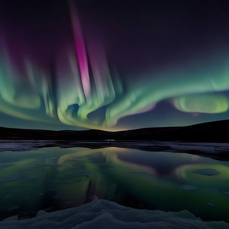 Northern lights in the night sky. Aurora borealis, northern lights.の素材