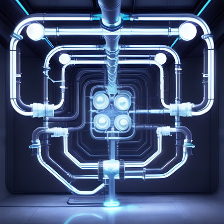 3d render of industrial pipes in a room with blue lights.の素材