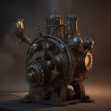 3d rendering of an old steam engine on a dark background.の素材