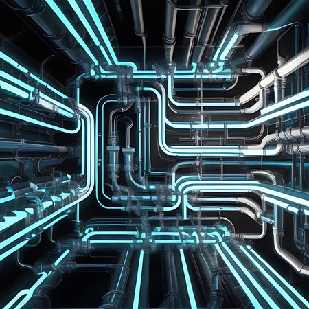 Blue neon tubes on a dark background. 3d rendering, 3d illustration.の素材