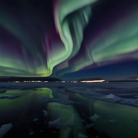 Northern lights over the lake in winter. Iceland. Long exposure.の素材