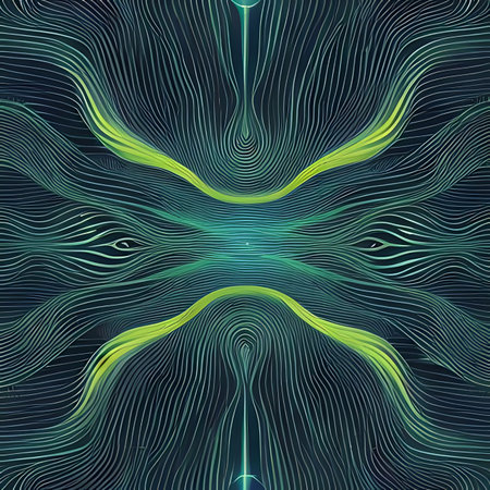 Seamless background pattern. Abstract fractal blue and green lines on a dark background.の素材