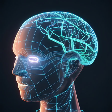 3d rendering of male cyborg with circuit brain on dark backgroundの素材